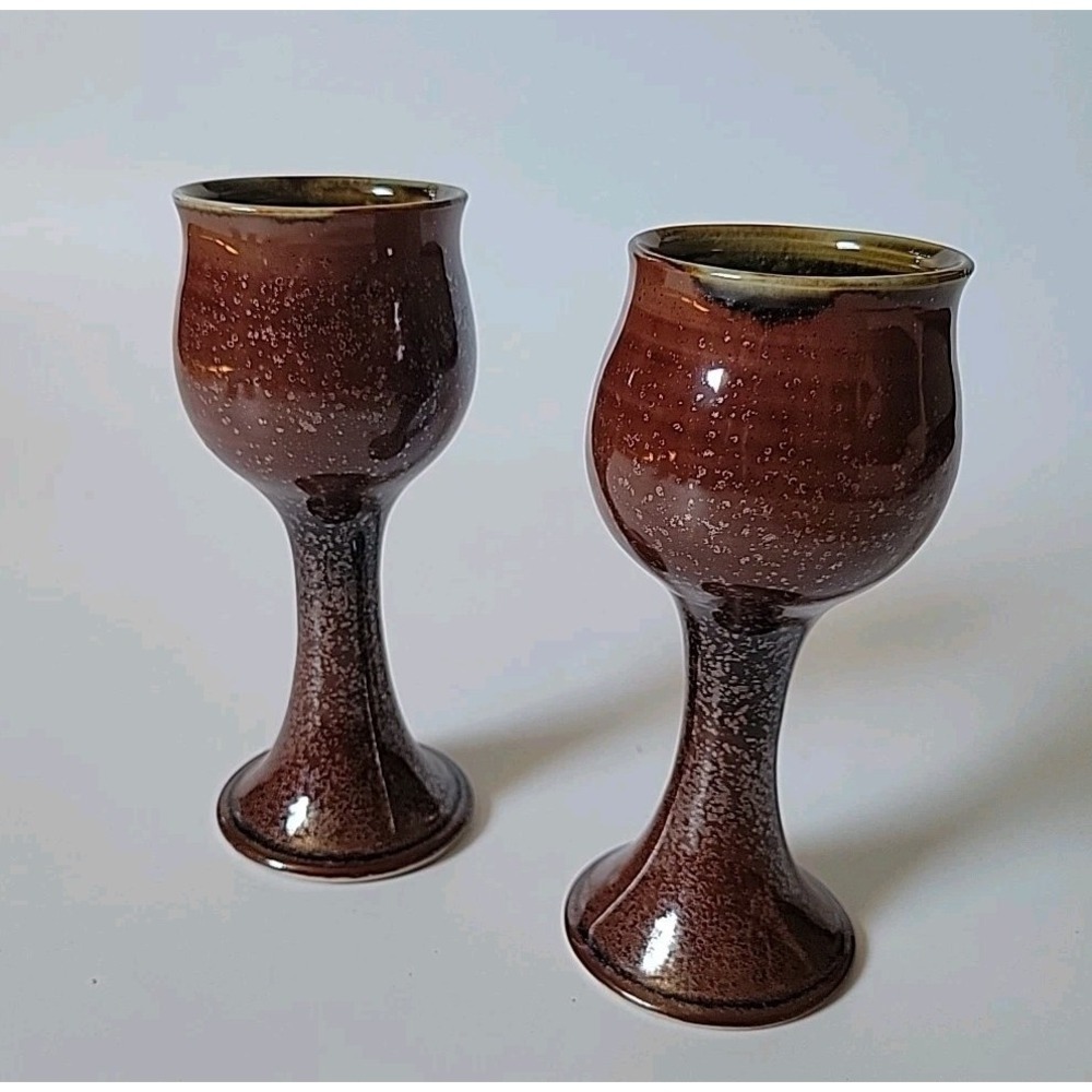 Jane Rekedal‎ Glazed Stoneware Goblets Pair Brown Signed Family Gooey Studio